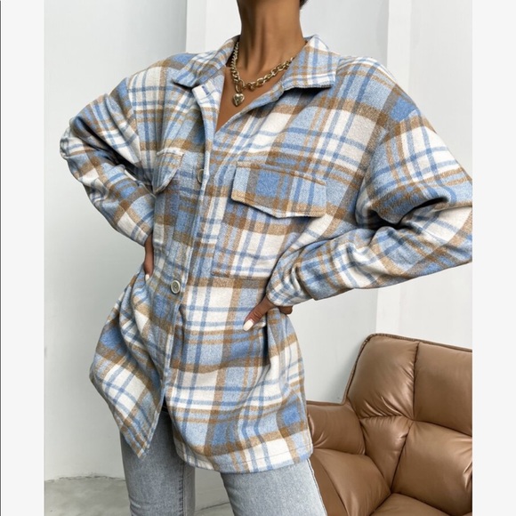 Oversized Relaxed Fit Plaid Button Down Jacket Shacket Coat - Picture 5 of 6